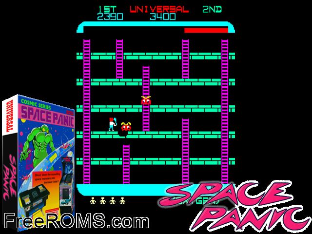 Space Panic (version E) MAME game showing 3D box cover and gameplay screenshot