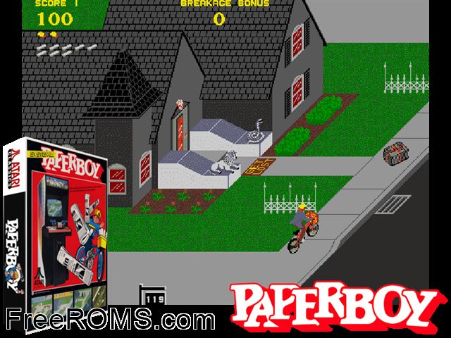 Paperboy (rev 1) MAME game showing 3D box cover and gameplay screenshot
