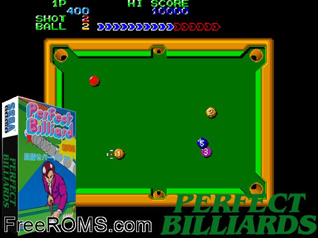 Perfect Billiard (Sega) MAME game showing 3D box cover and gameplay screenshot