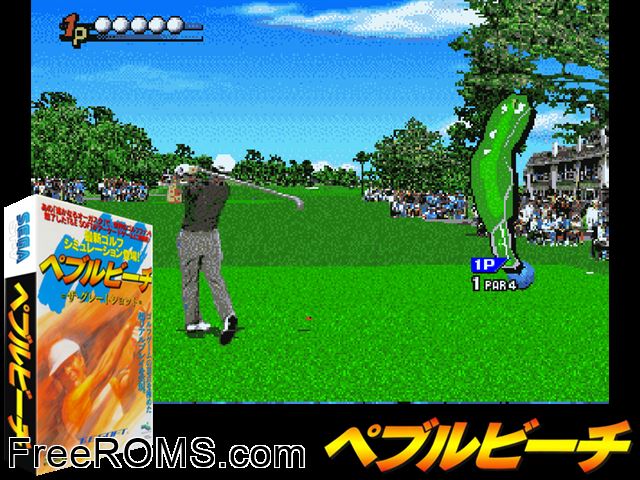 Pebble Beach - The Great Shot (JUE 950913 V0.990) MAME game showing 3D box cover and gameplay screenshot
