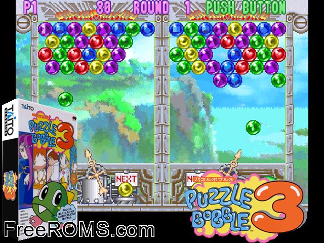 Puzzle Bobble 3 (Ver 2.1J 1996/09/27) MAME game showing 3D box cover and gameplay screenshot