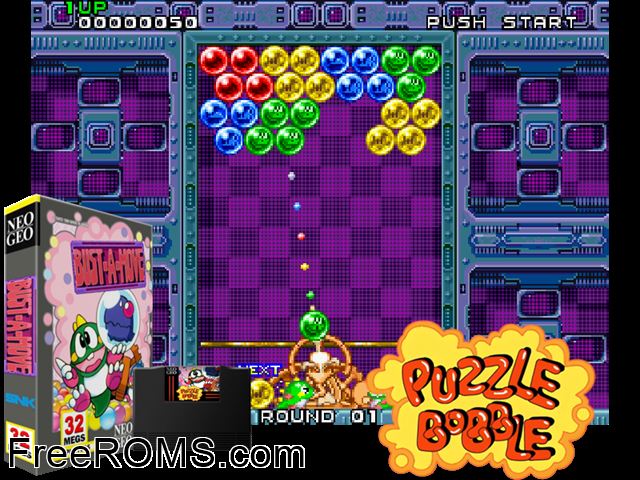Puzzle Bobble / Bust-A-Move (Neo-Geo) (set 1) MAME game showing 3D box cover and gameplay screenshot