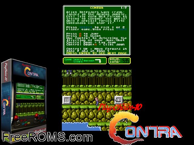 Contra (PlayChoice-10) MAME game showing 3D box cover and gameplay screenshot