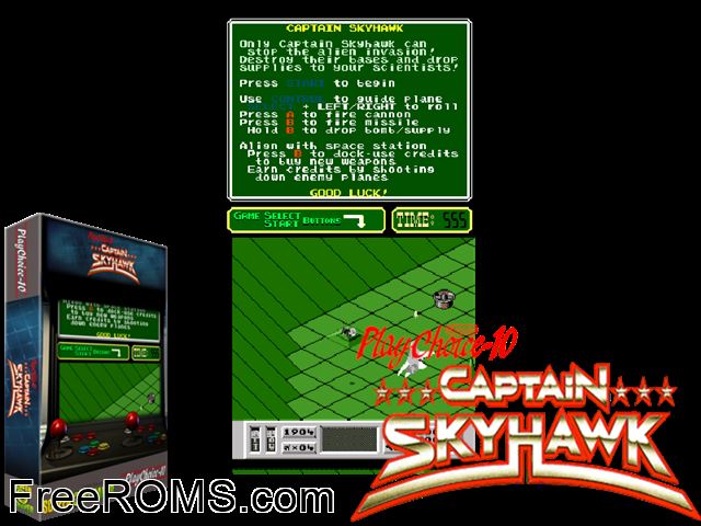 Captain Sky Hawk (PlayChoice-10) MAME game showing 3D box cover and gameplay screenshot