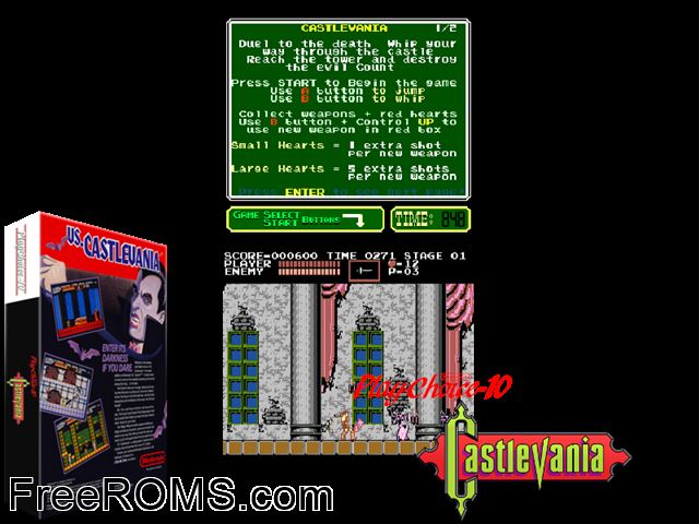 Castlevania (PlayChoice-10) MAME game showing 3D box cover and gameplay screenshot