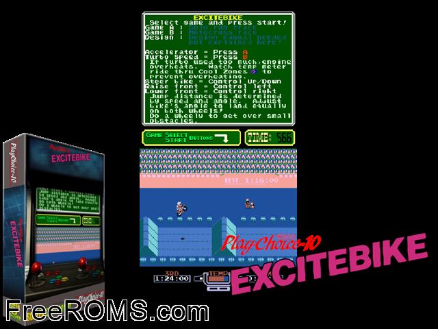 Excite Bike (PlayChoice-10) MAME game showing 3D box cover and gameplay screenshot