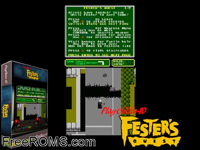 Uncle Fester's Quest: The Addams Family (PlayChoice-10) MAME game showing 3D box cover and gameplay screenshot