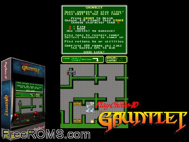 Gauntlet (PlayChoice-10) MAME game showing 3D box cover and gameplay screenshot