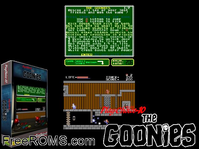 The Goonies (PlayChoice-10) MAME game showing 3D box cover and gameplay screenshot