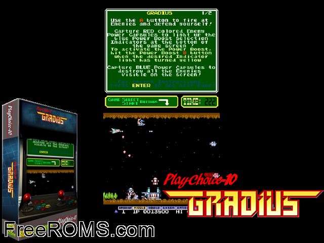 Gradius (PlayChoice-10, older) MAME game showing 3D box cover and gameplay screenshot