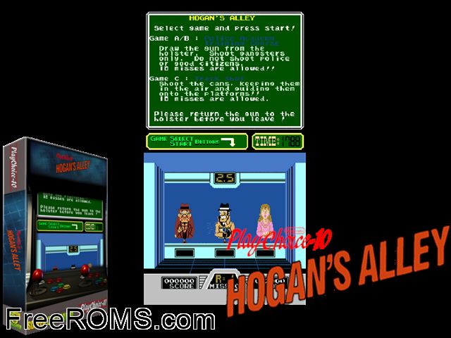 Hogan's Alley (PlayChoice-10) MAME game showing 3D box cover and gameplay screenshot