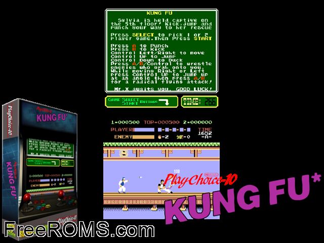 Kung Fu (PlayChoice-10) MAME game showing 3D box cover and gameplay screenshot