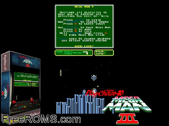 Mega Man III (PlayChoice-10) MAME game showing 3D box cover and gameplay screenshot