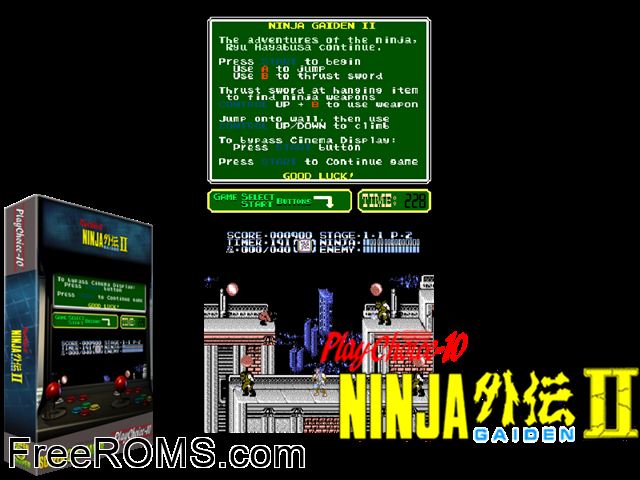 Ninja Gaiden Episode II: The Dark Sword of Chaos (PlayChoice-10) MAME game showing 3D box cover and gameplay screenshot