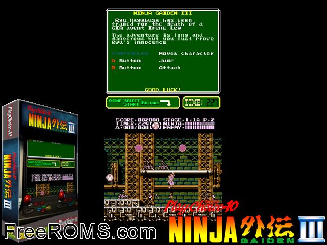 Ninja Gaiden Episode III: The Ancient Ship of Doom (PlayChoice-10) MAME game showing 3D box cover and gameplay screenshot