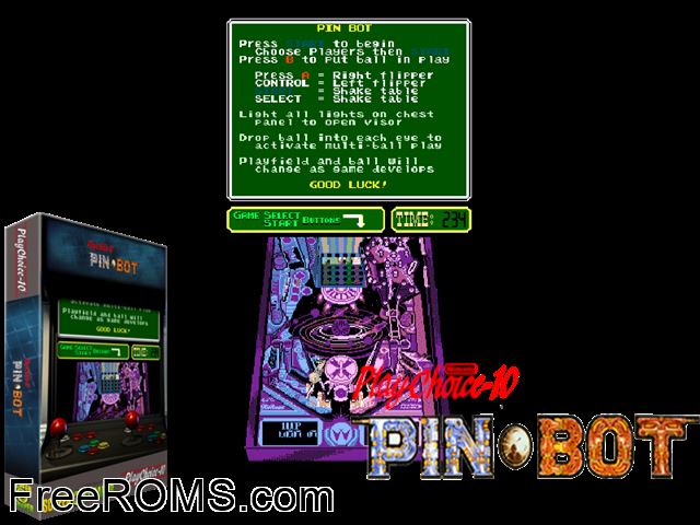 PinBot (PlayChoice-10) MAME game showing 3D box cover and gameplay screenshot