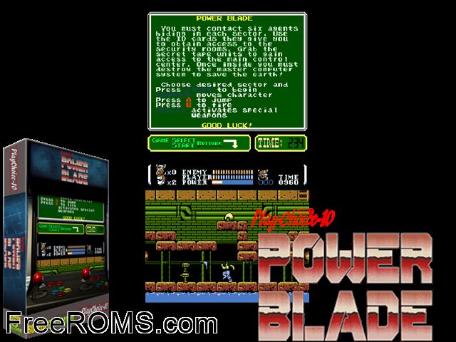 Power Blade (PlayChoice-10) MAME game showing 3D box cover and gameplay screenshot