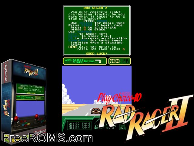 Rad Racer II (PlayChoice-10) MAME game showing 3D box cover and gameplay screenshot