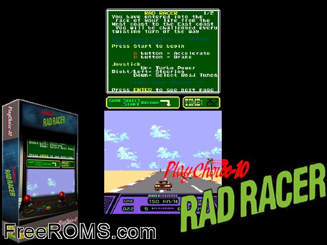 Rad Racer (PlayChoice-10) MAME game showing 3D box cover and gameplay screenshot