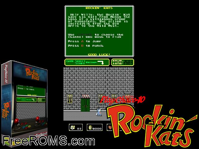 Rockin' Kats (PlayChoice-10) MAME game showing 3D box cover and gameplay screenshot
