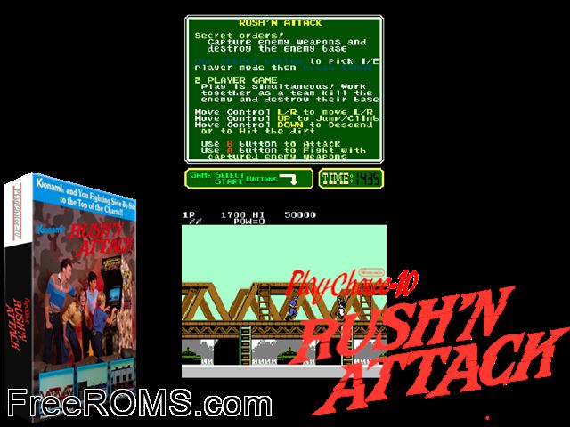 Rush'n Attack (PlayChoice-10) MAME game showing 3D box cover and gameplay screenshot