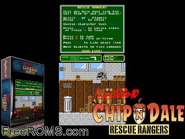 Chip'n Dale: Rescue Rangers (PlayChoice-10) MAME game showing 3D box cover and gameplay screenshot