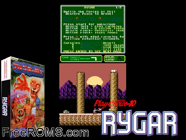 Rygar (PlayChoice-10) MAME game showing 3D box cover and gameplay screenshot