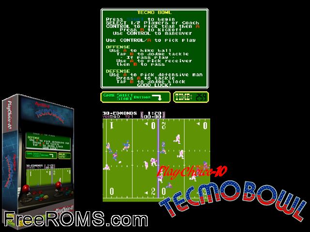 Tecmo Bowl (PlayChoice-10) MAME game showing 3D box cover and gameplay screenshot