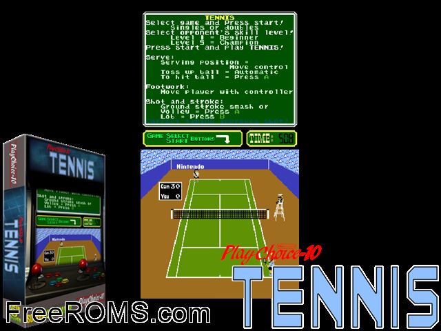 Tennis (PlayChoice-10) MAME game showing 3D box cover and gameplay screenshot