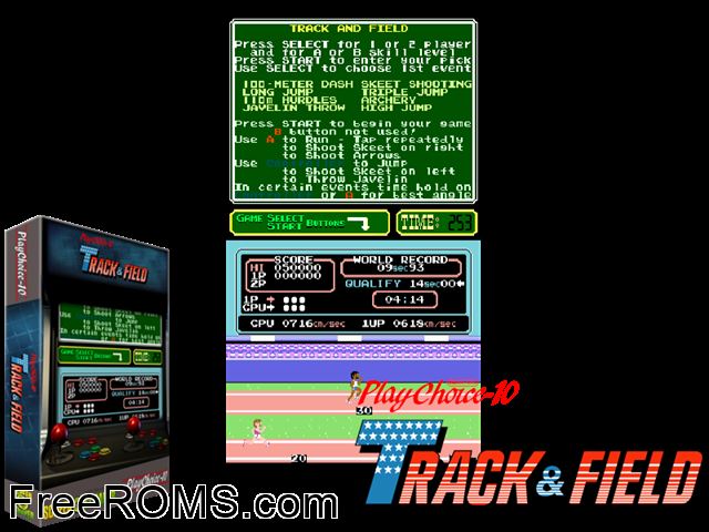 Track and Field (PlayChoice-10) MAME game showing 3D box cover and gameplay screenshot