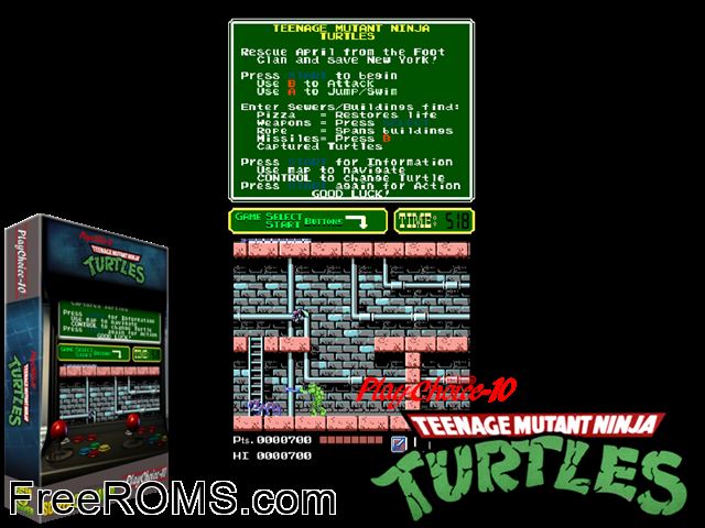 Teenage Mutant Ninja Turtles (PlayChoice-10) MAME game showing 3D box cover and gameplay screenshot