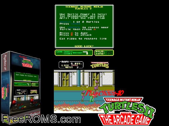 Teenage Mutant Ninja Turtles II: The Arcade Game (PlayChoice-10) MAME game showing 3D box cover and gameplay screenshot