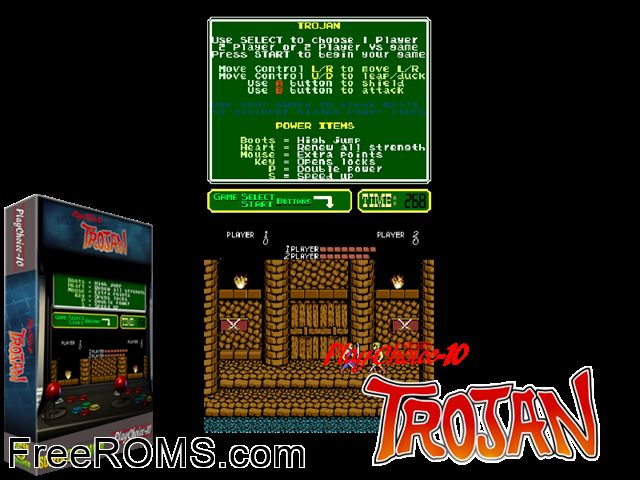 Trojan (PlayChoice-10) MAME game showing 3D box cover and gameplay screenshot