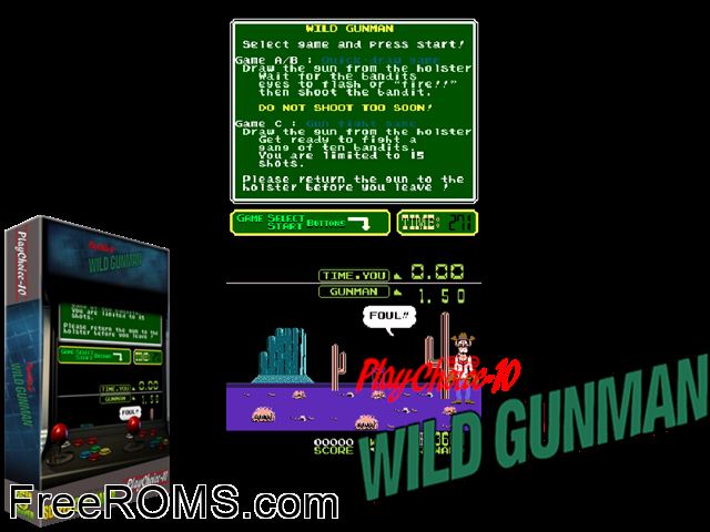Wild Gunman (PlayChoice-10) MAME game showing 3D box cover and gameplay screenshot