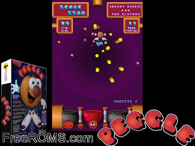 Peggle (Trackball, v1.0) MAME game showing 3D box cover and gameplay screenshot