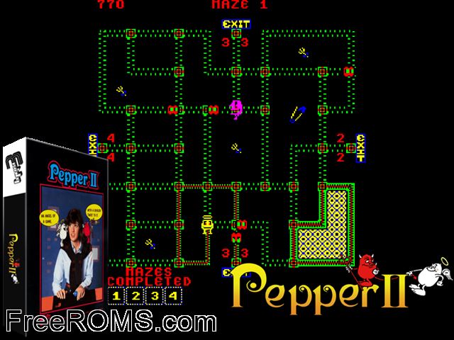 Pepper II MAME game showing 3D box cover and gameplay screenshot