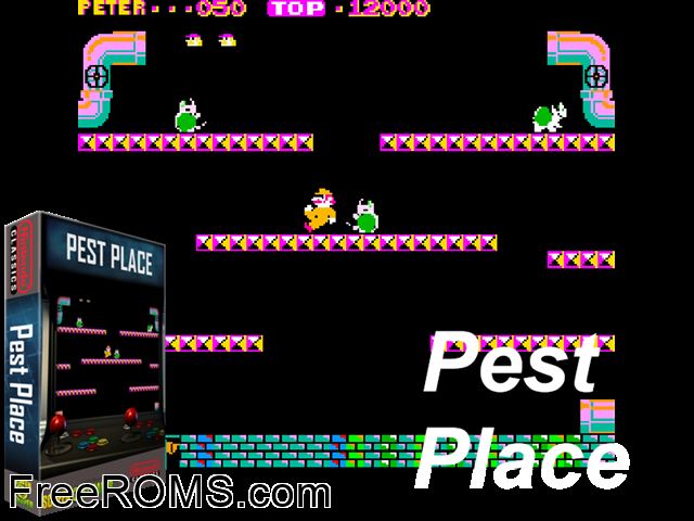Pest Place MAME game showing 3D box cover and gameplay screenshot