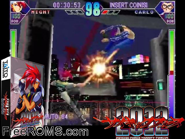 Psychic Force 2012 MAME game showing 3D box cover and gameplay screenshot