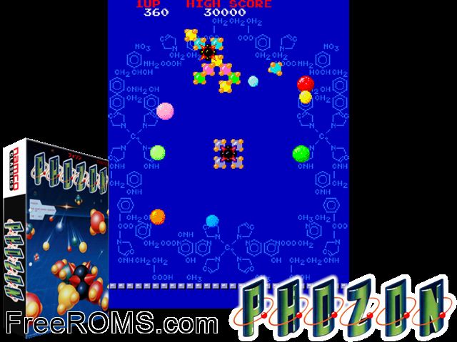 Phozon (Japan) MAME game showing 3D box cover and gameplay screenshot