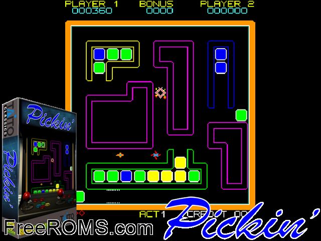 Pickin' MAME game showing 3D box cover and gameplay screenshot