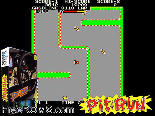 Pit and Run (set 1) MAME game showing 3D box cover and gameplay screenshot