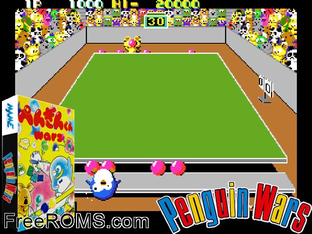 Penguin-Kun Wars (Japan) MAME game showing 3D box cover and gameplay screenshot