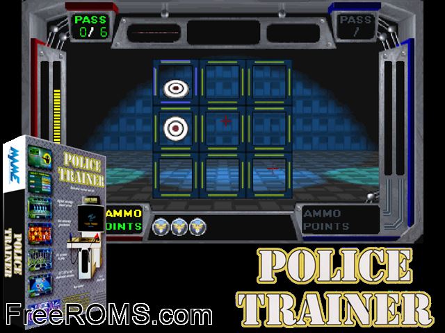 Police Trainer (Rev 1.3B) MAME game showing 3D box cover and gameplay screenshot