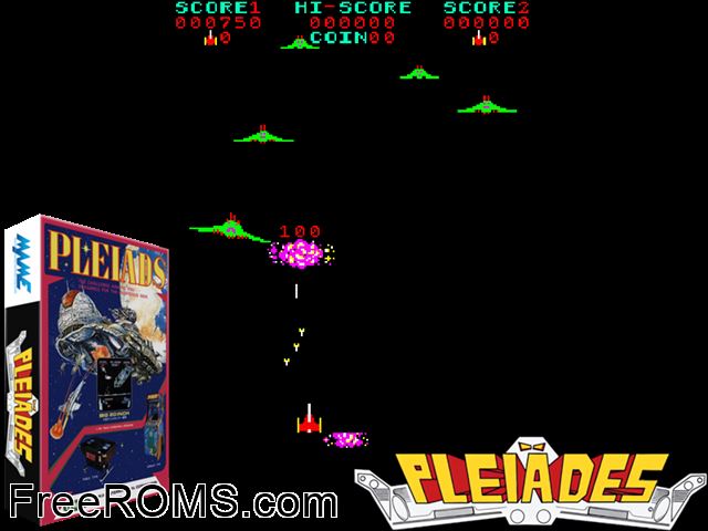 Pleiads (Centuri) MAME game showing 3D box cover and gameplay screenshot