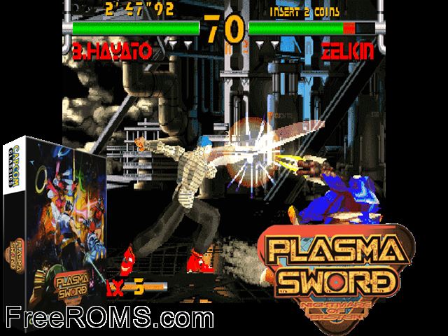 Plasma Sword (ASIA 980316) MAME game showing 3D box cover and gameplay screenshot