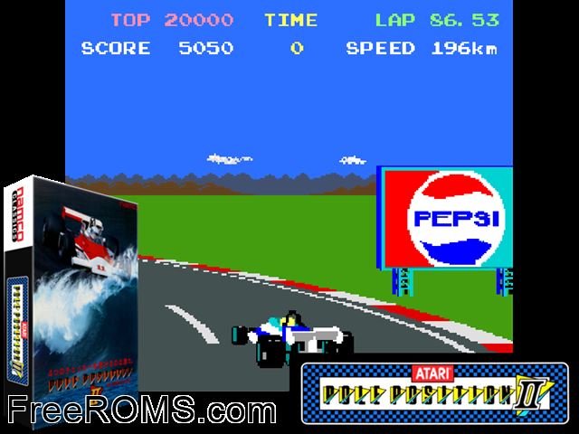 Pole Position II MAME game showing 3D box cover and gameplay screenshot