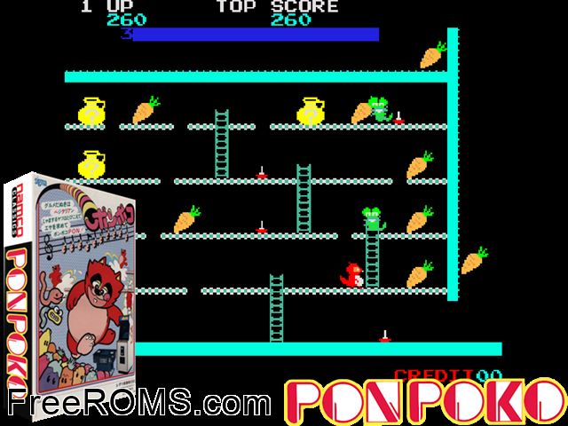 Ponpoko (Venture Line) MAME game showing 3D box cover and gameplay screenshot