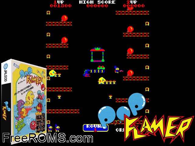 Pop Flamer (not protected) MAME game showing 3D box cover and gameplay screenshot