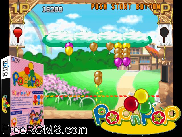 Pop'n Pop (Ver 2.07O 1998/02/09) MAME game showing 3D box cover and gameplay screenshot