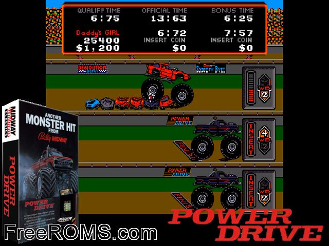 Power Drive MAME game showing 3D box cover and gameplay screenshot